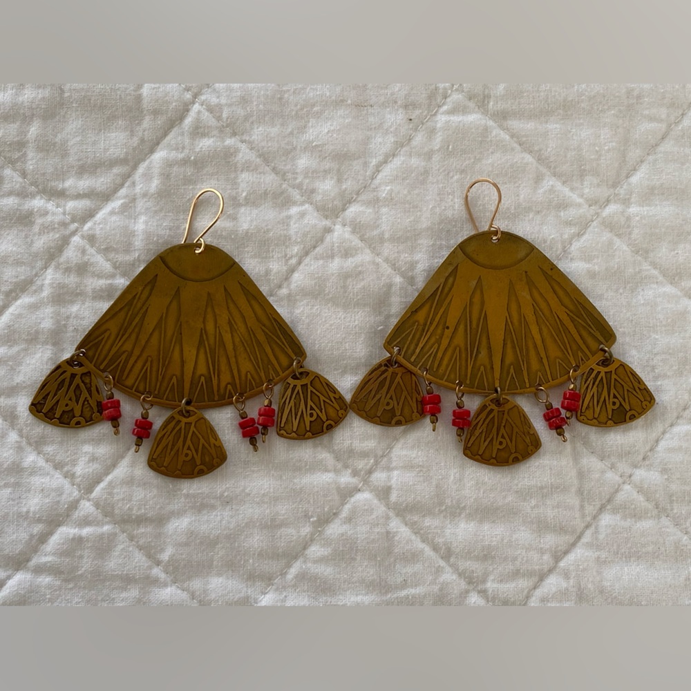 Hand Etched Brass & Coral Earrings